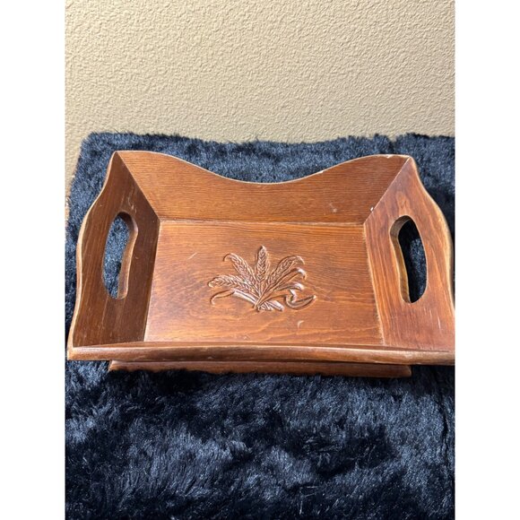 Vintage Wood Serving Tray With Wheat Design & Handles 12" X 9" - Picture 1 of 7